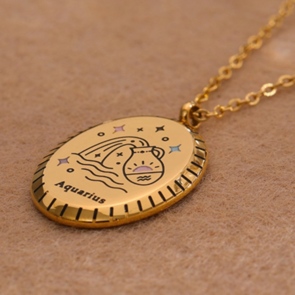 AQUARIUS--NEW 18K Gold Plated  Sign Zodiac Oval Pendant Necklace